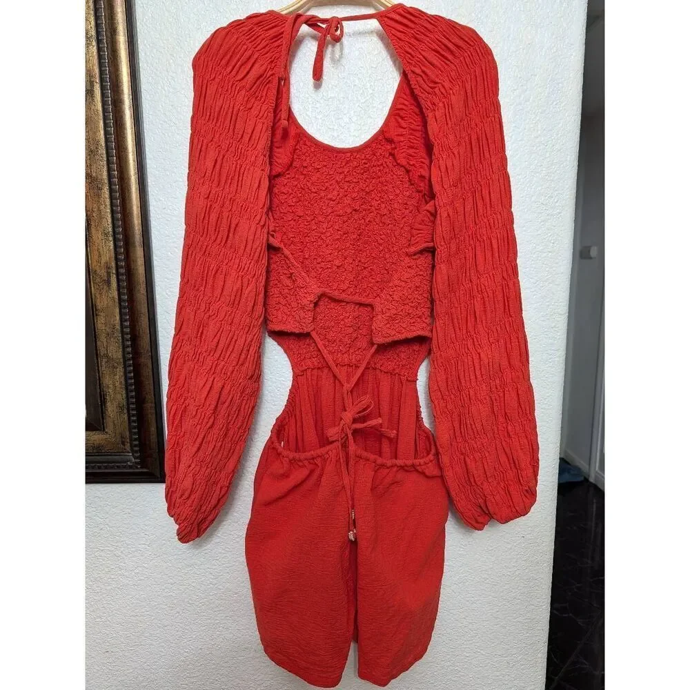 Free people Brandi Romper Smocked Balloon long sleeve open back - Picture 11 of 12